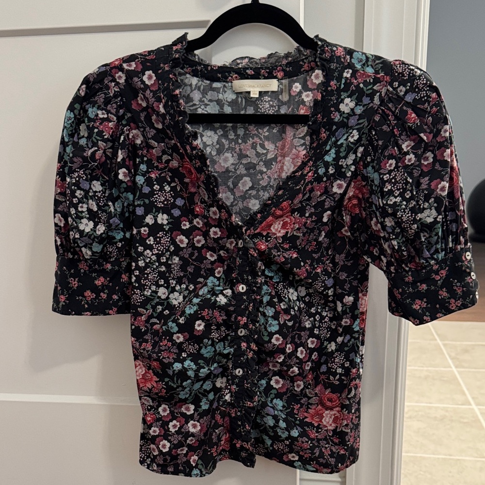 LoveShackFancy Black Floral Puff Sleeve Blouse